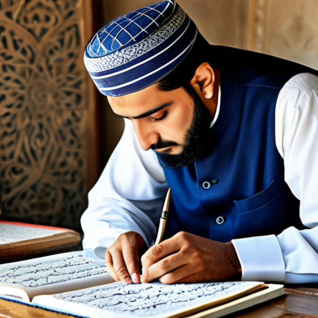 제품디자인 자격증의 합격 후 혜택 - **Professional Urdu Calligrapher:** A master calligrapher, fully clothed in traditional shalwar kame...