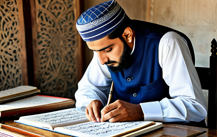제품디자인 자격증의 합격 후 혜택 - **Professional Urdu Calligrapher:** A master calligrapher, fully clothed in traditional shalwar kame...