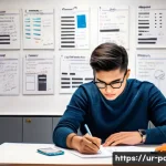 Home 17 제품디자인 실기시험의 자주 나오는 실수 - A detailed scene of a focused product design student sitting at a desk in a well-lit study room, wea...